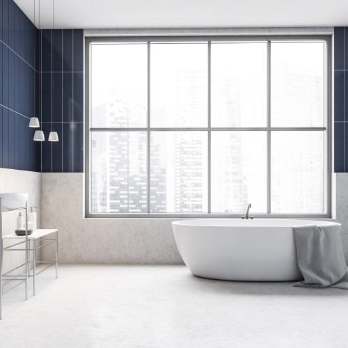 White and blue bathroom with white bathtub and gels, sink with mirror and window, front view. Minimalist light bathroom on white floor, 3D rendering no people
